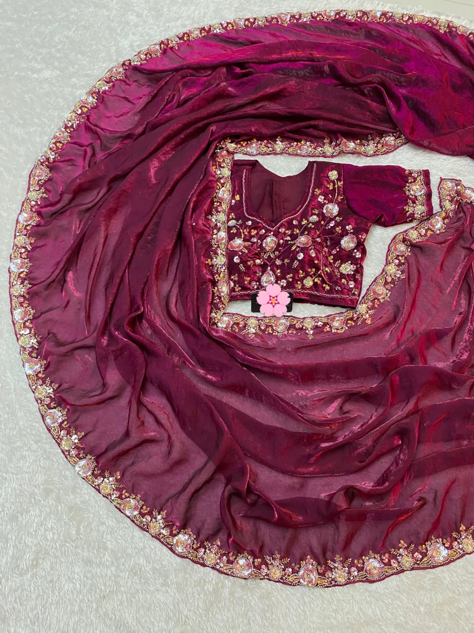 Space Silk Hand Work & Sequins Saree with Cut-Work