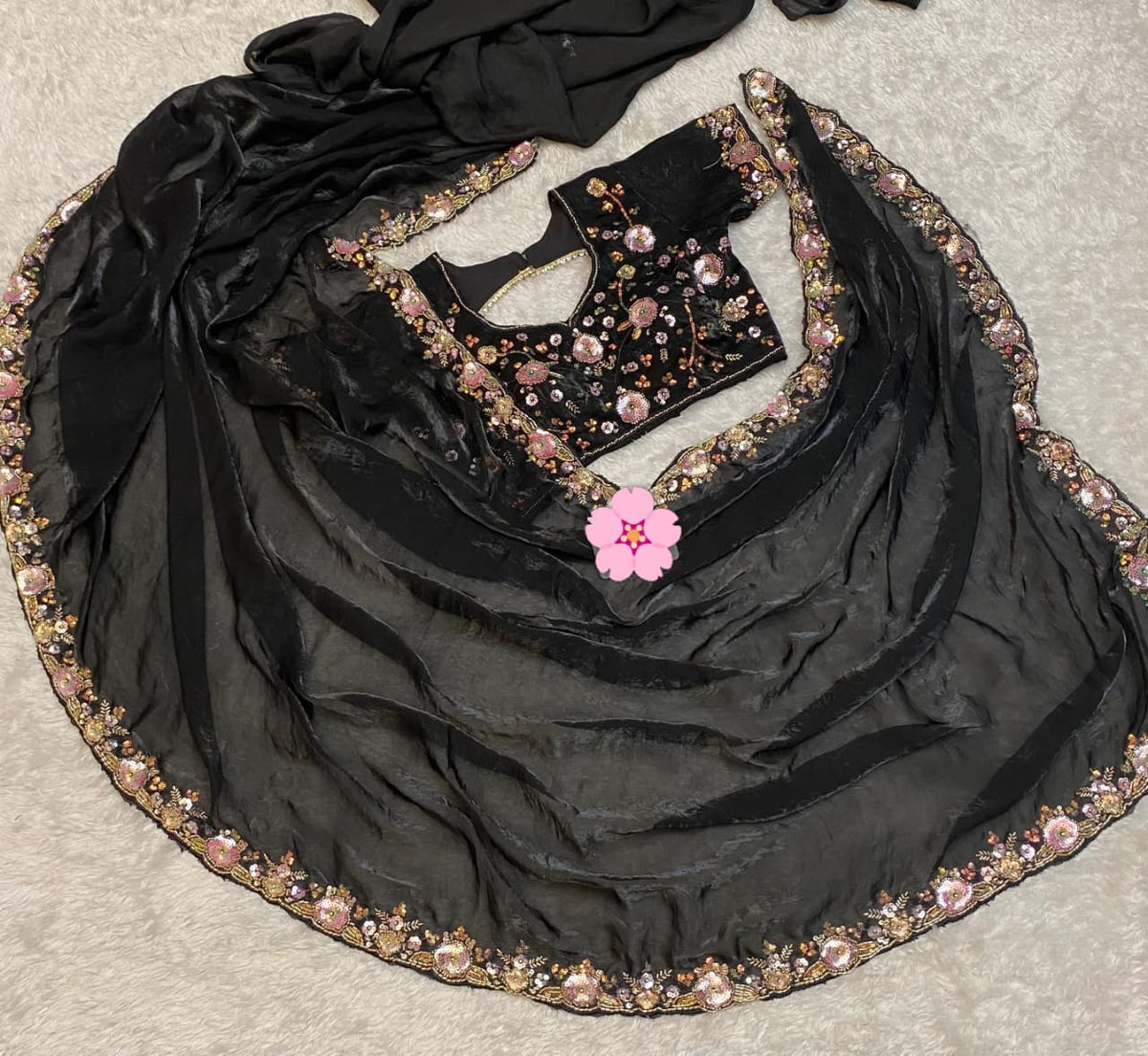 Space Silk Hand Work & Sequins Saree with Cut-Work