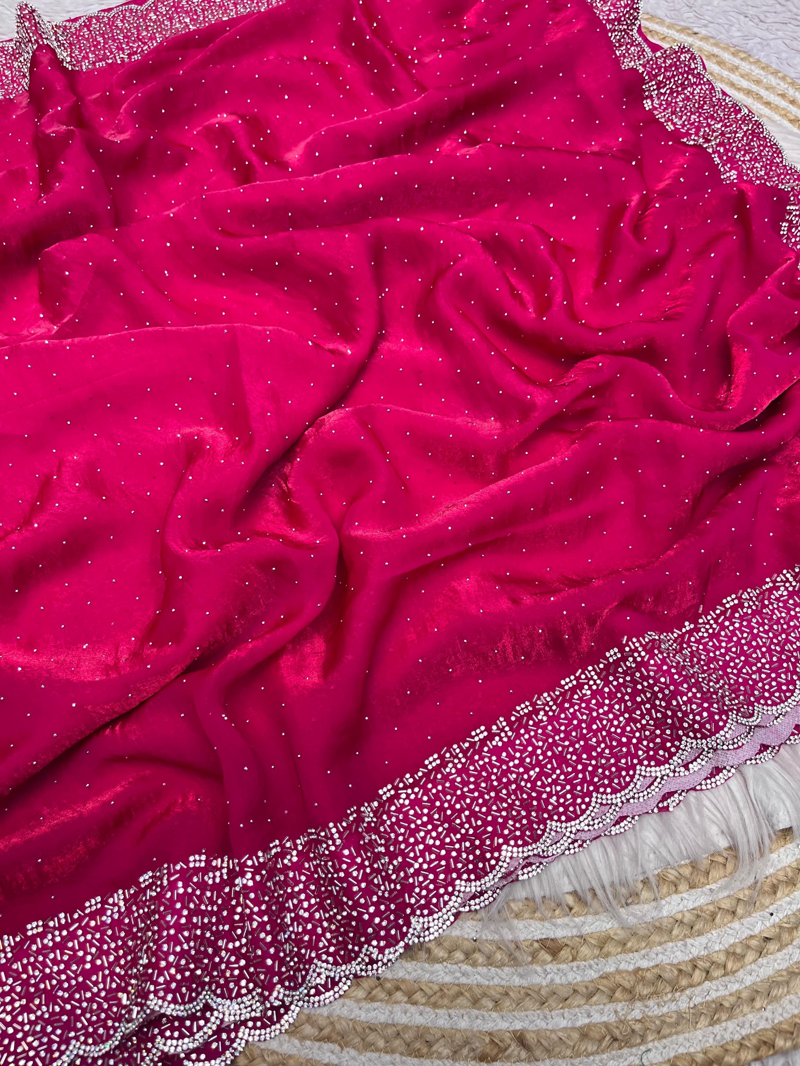 Space Silk Handwork Saree - Rani Pink