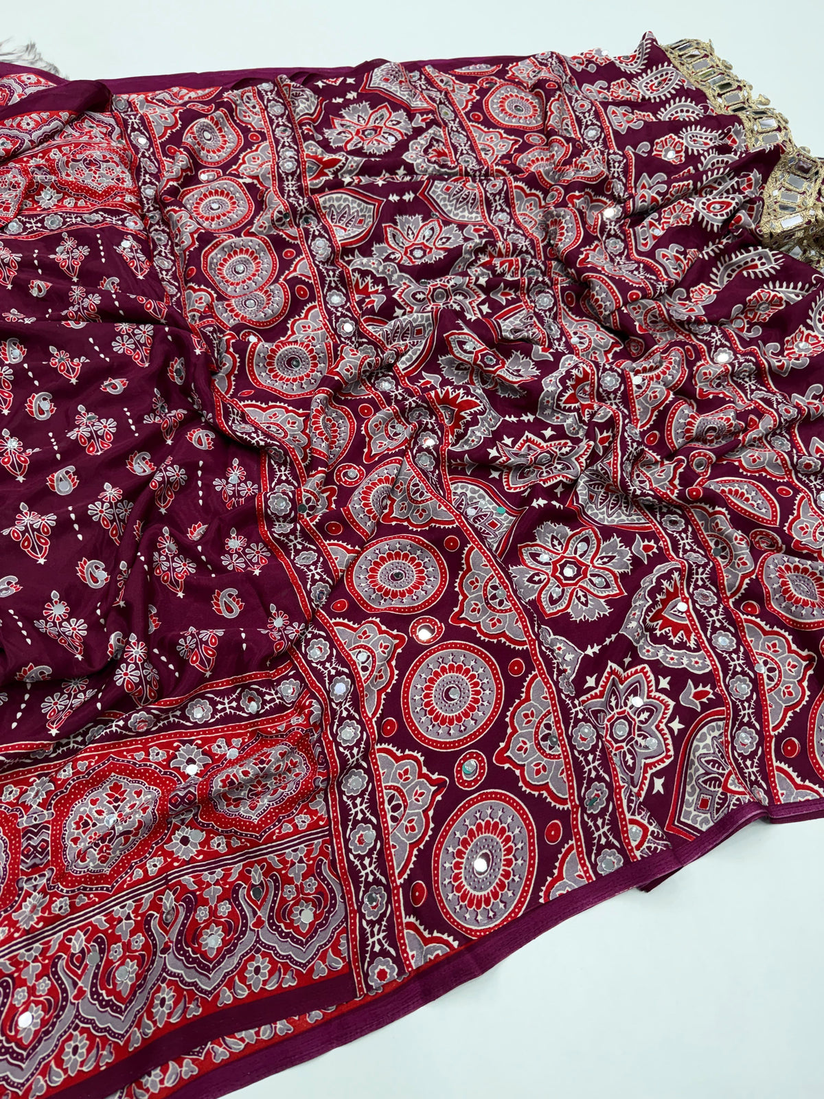 Ajrakh Mirror Saree with Real Mirror Work