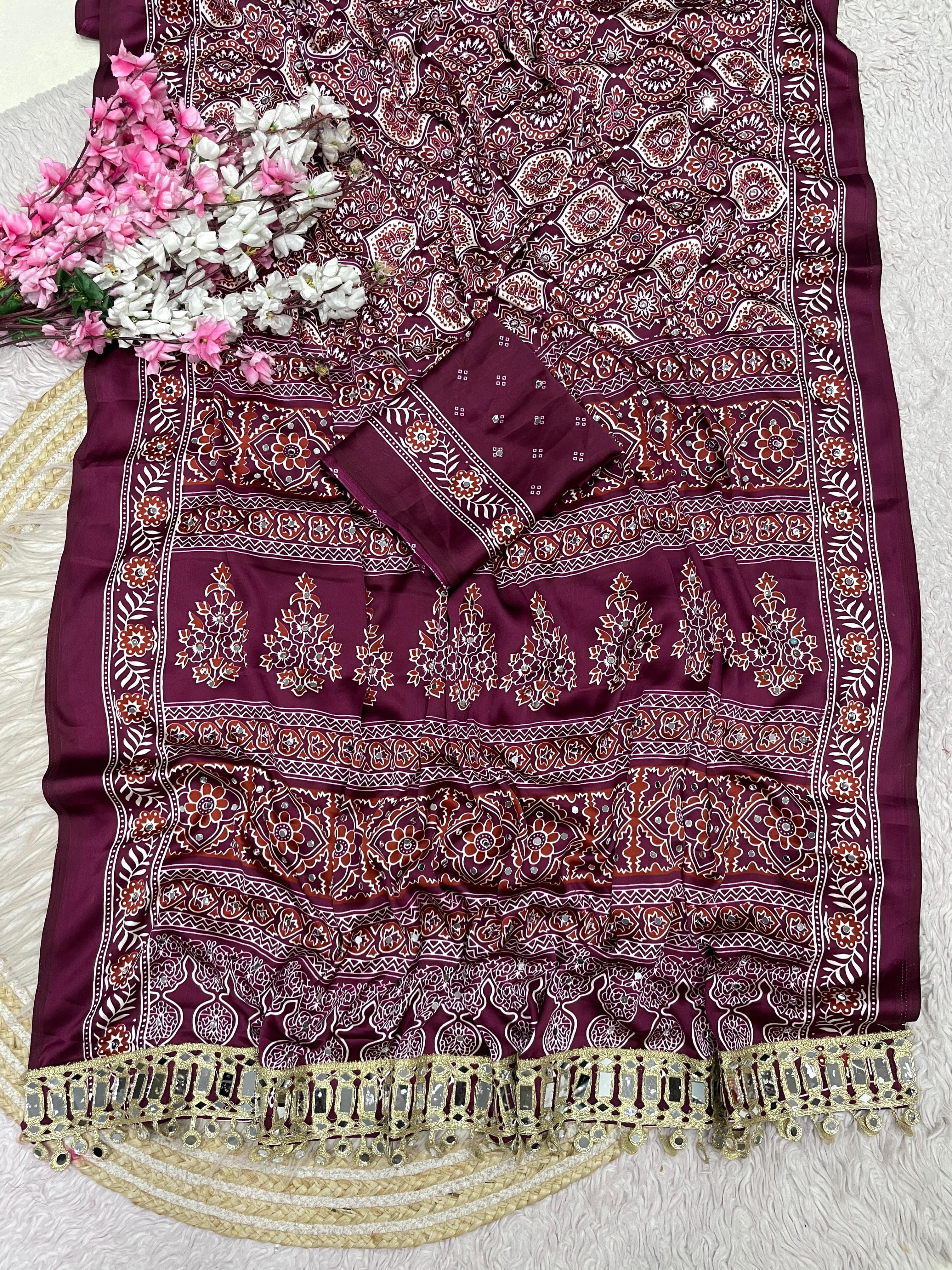 Ajrakh Mirror Work Saree, Mirror All Over