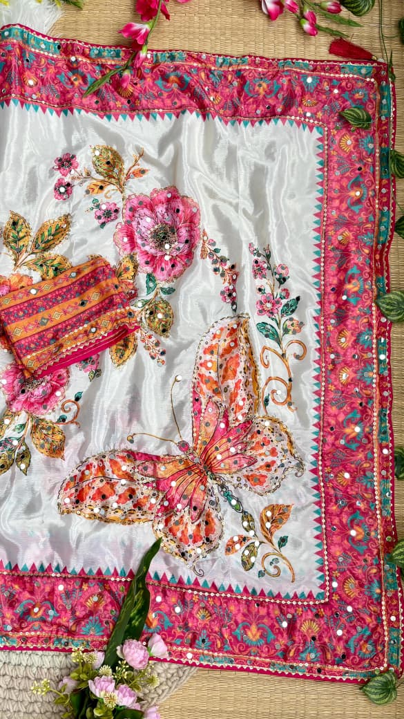 Ajrakh Mirror Chinnon Saree with Hand Work