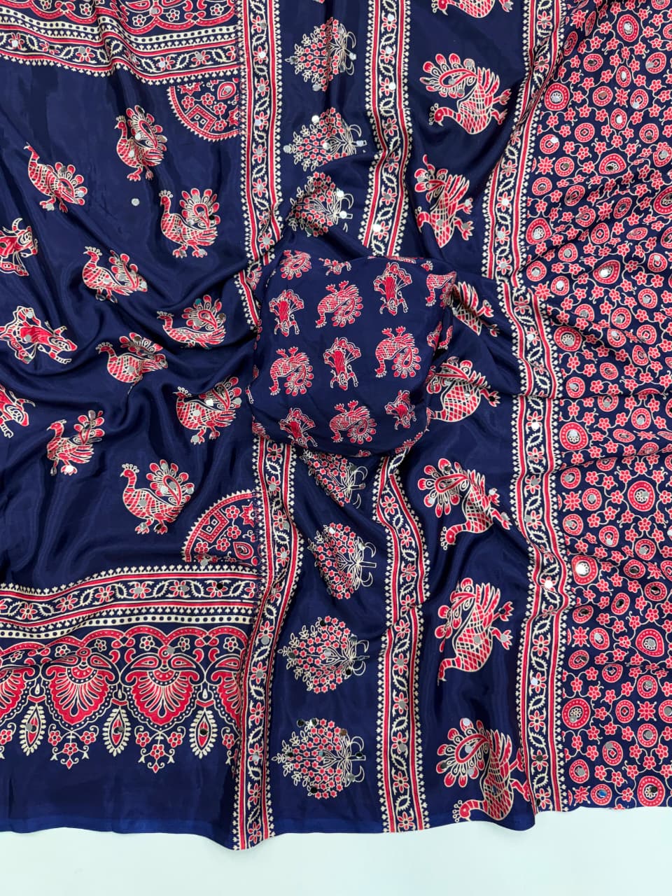 Ajrakh Mirror Saree with Mirror Patta