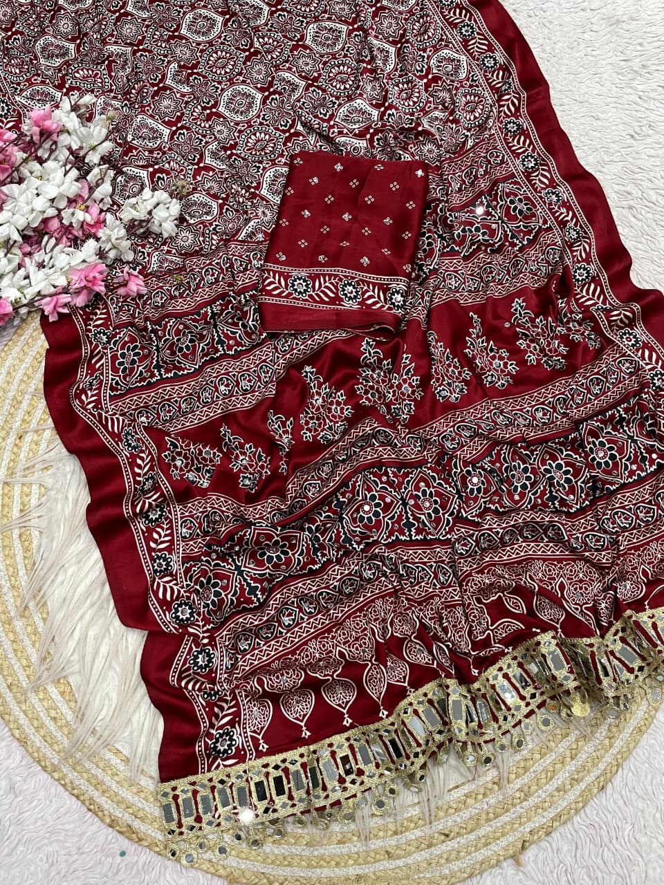 Ajrakh Mirror Work Saree, Mirror All Over