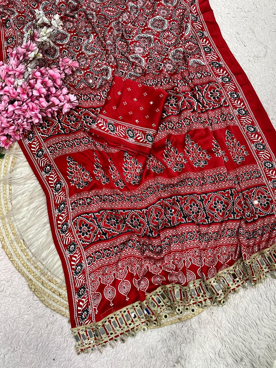 Ajrakh Mirror Work Saree, Mirror All Over