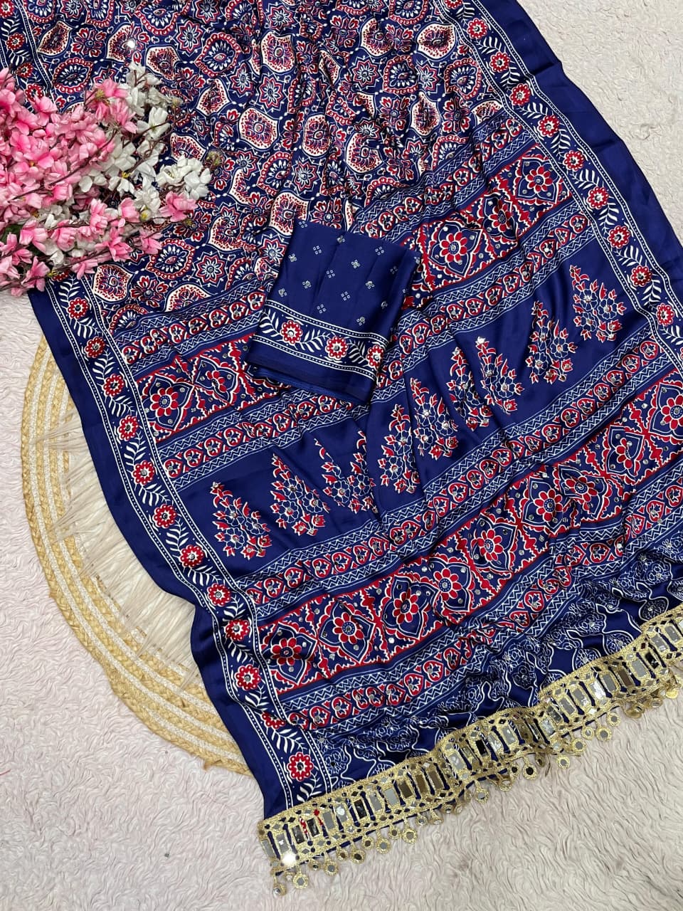 Ajrakh Mirror Work Saree, Mirror All Over