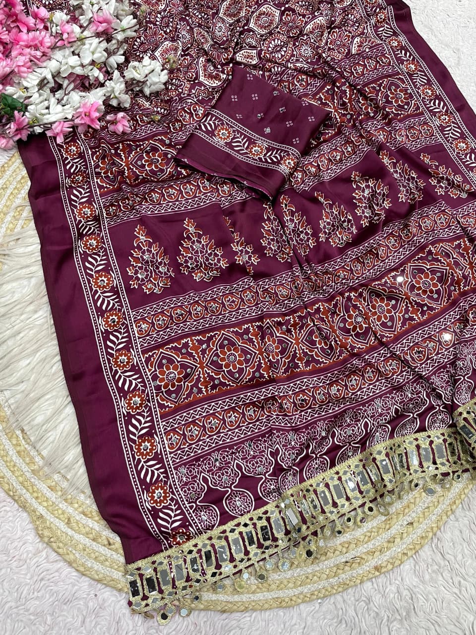 Ajrakh Mirror Work Saree, Mirror All Over - Wine