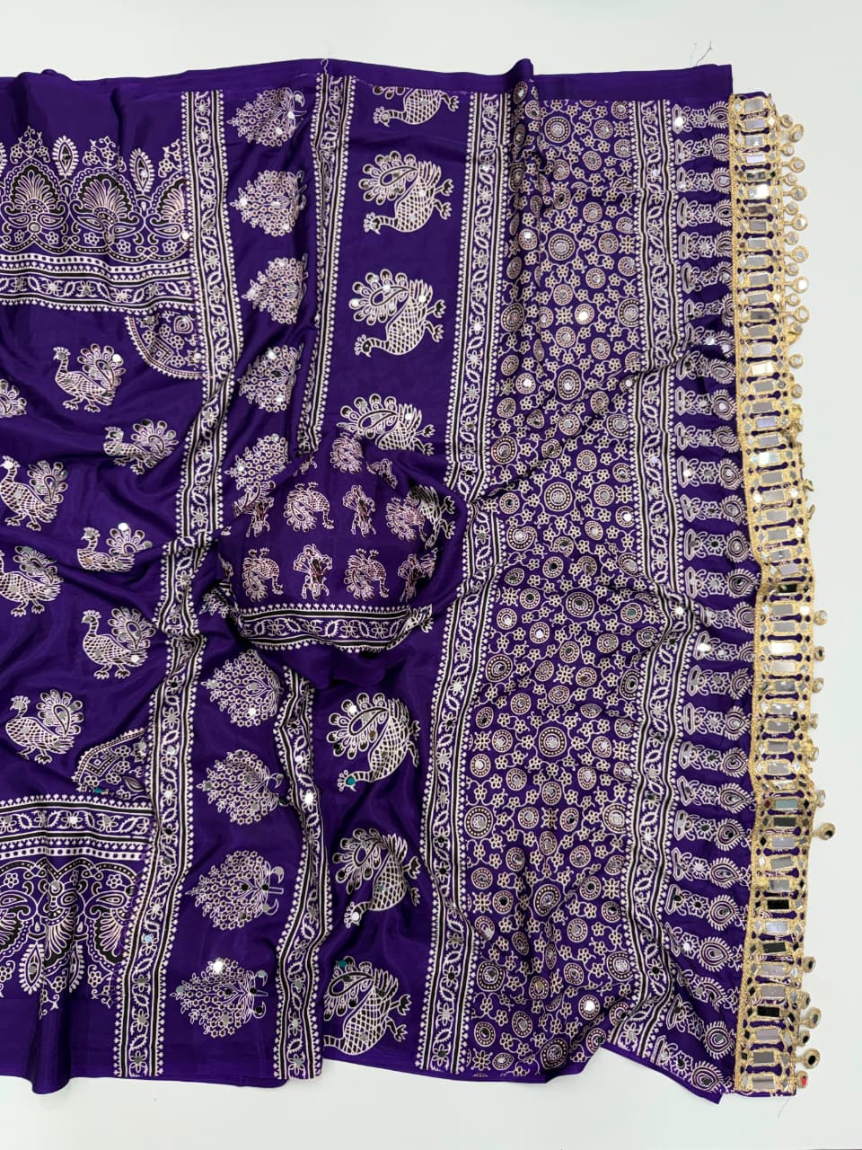 Ajrakh Mirror Saree with Mirror Patta