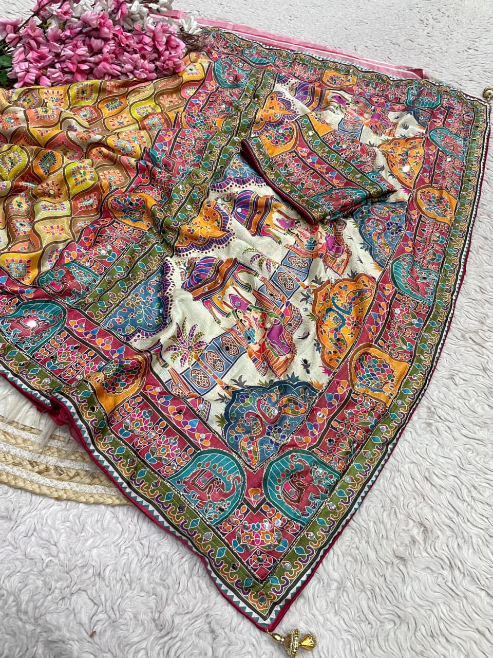 Ajrakh Chinnon Saree with Piping and Mirror Work