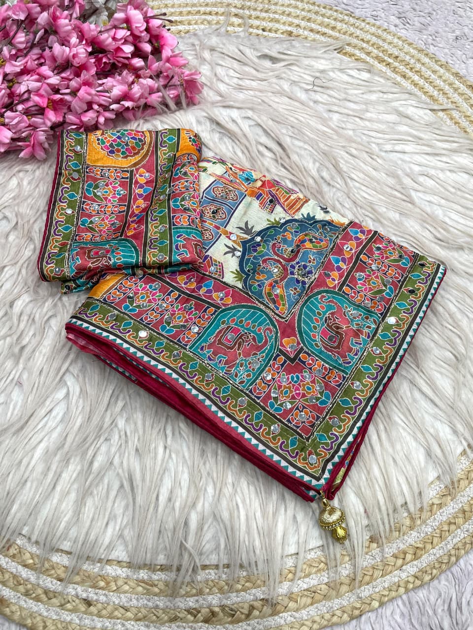 Ajrakh Chinnon Saree with Piping and Mirror Work