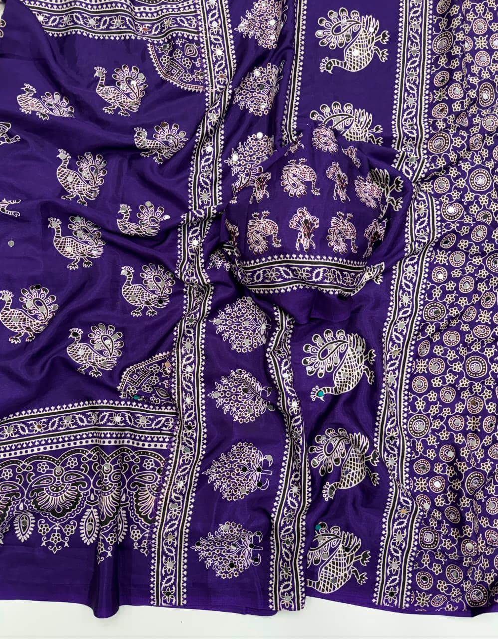 Ajrakh Mirror Saree with Mirror Patta