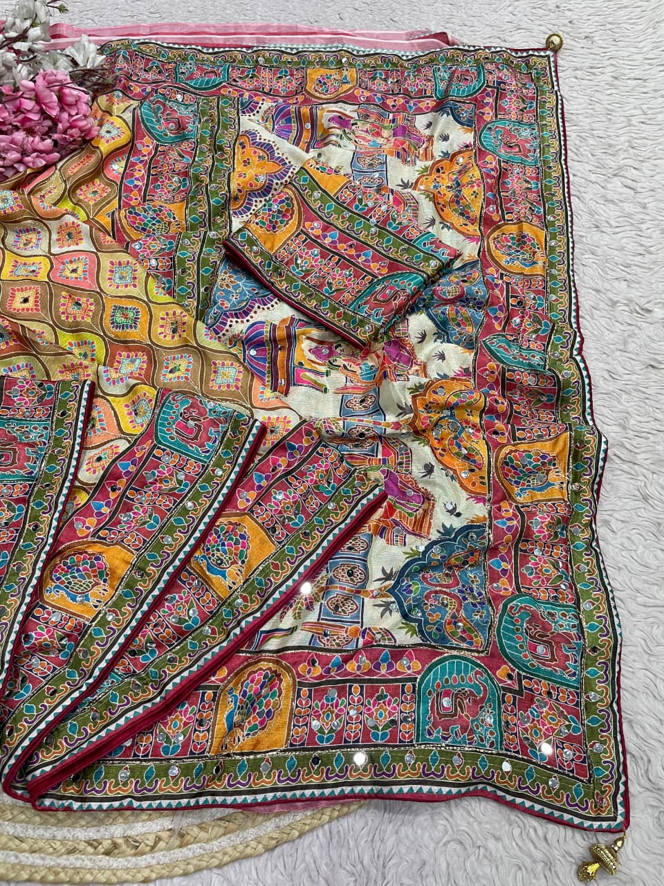 Ajrakh Chinnon Saree with Piping and Mirror Work