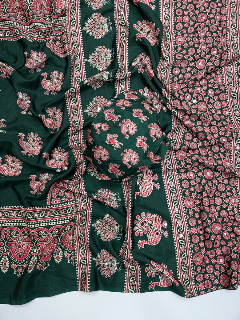 Ajrakh Mirror Saree with Mirror Patta - Bottle Green