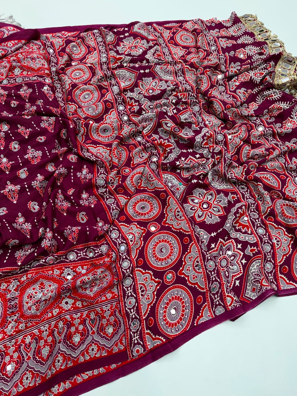 Ajrakh Mirror Saree with Real Mirror Work