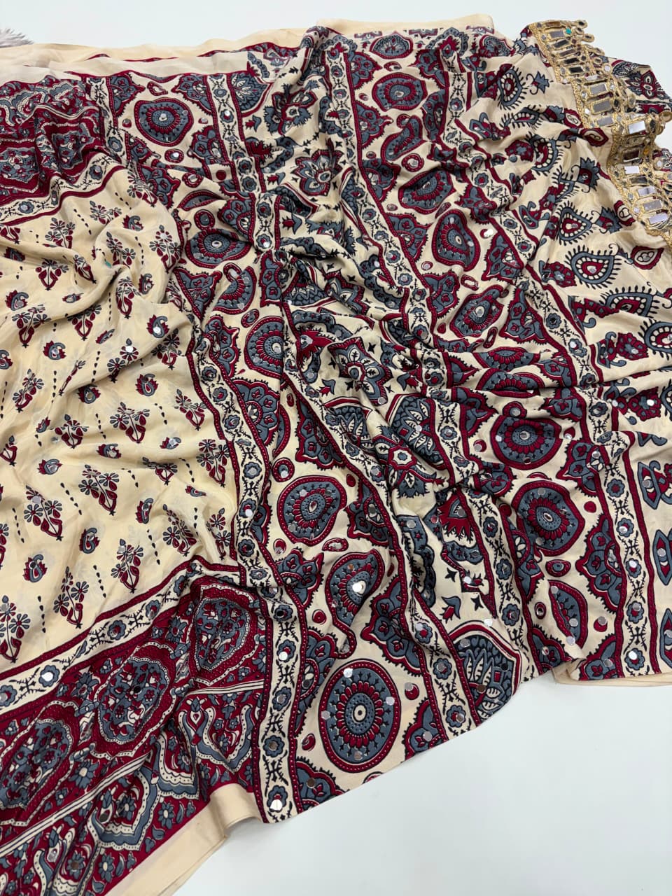 Ajrakh Mirror Saree with Real Mirror Work