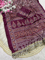 Ajrakh Mirror Work Saree, Mirror All Over