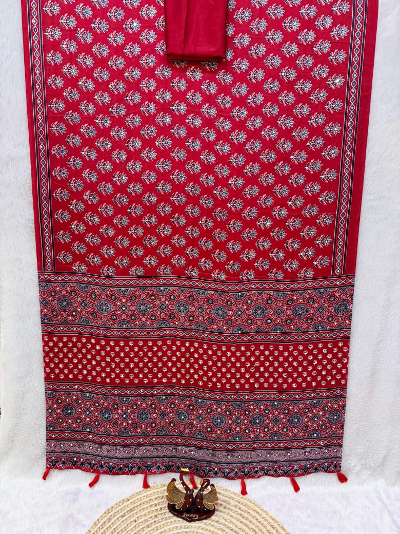 Ajrakh Mirror Work Saree with Real Mirror Work