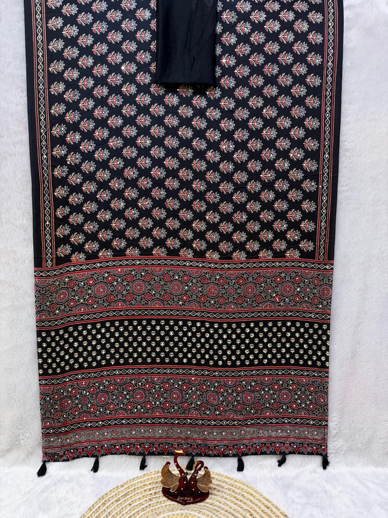 Ajrakh Mirror Work Saree with Real Mirror Work