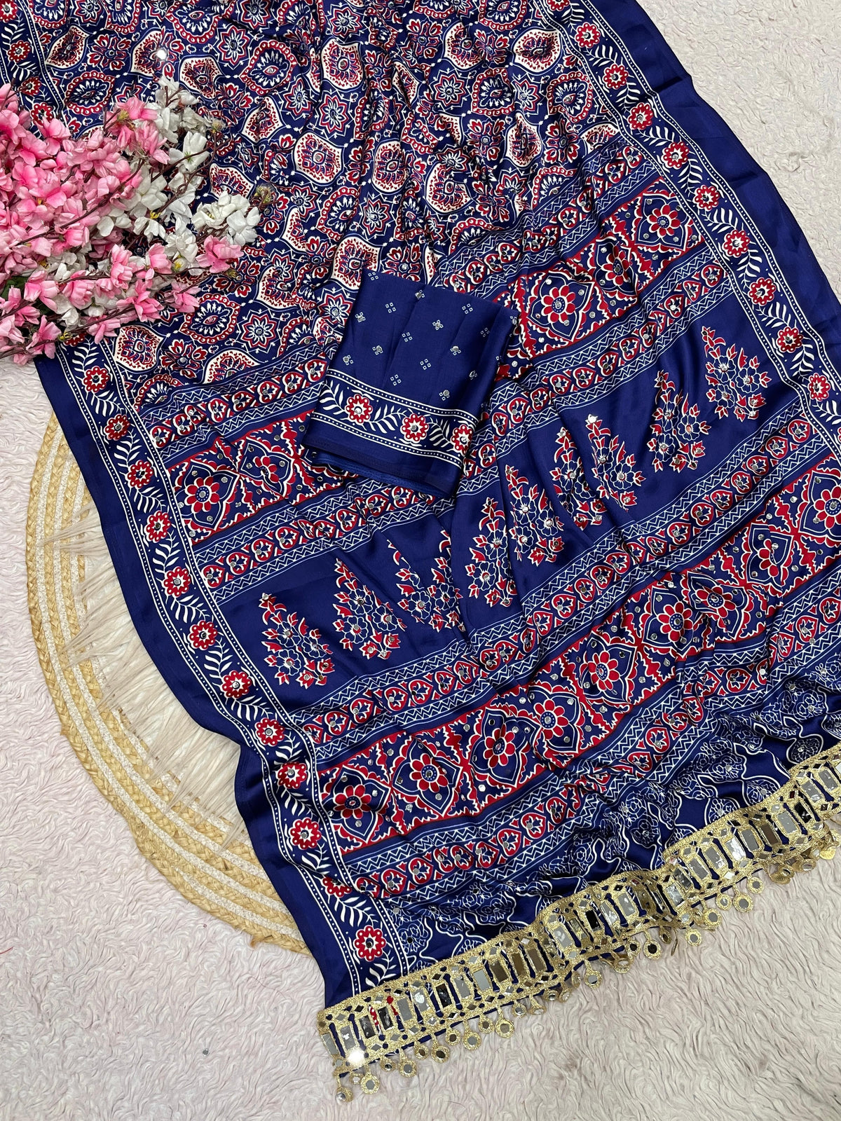 Ajrakh Mirror Work Saree, Mirror All Over