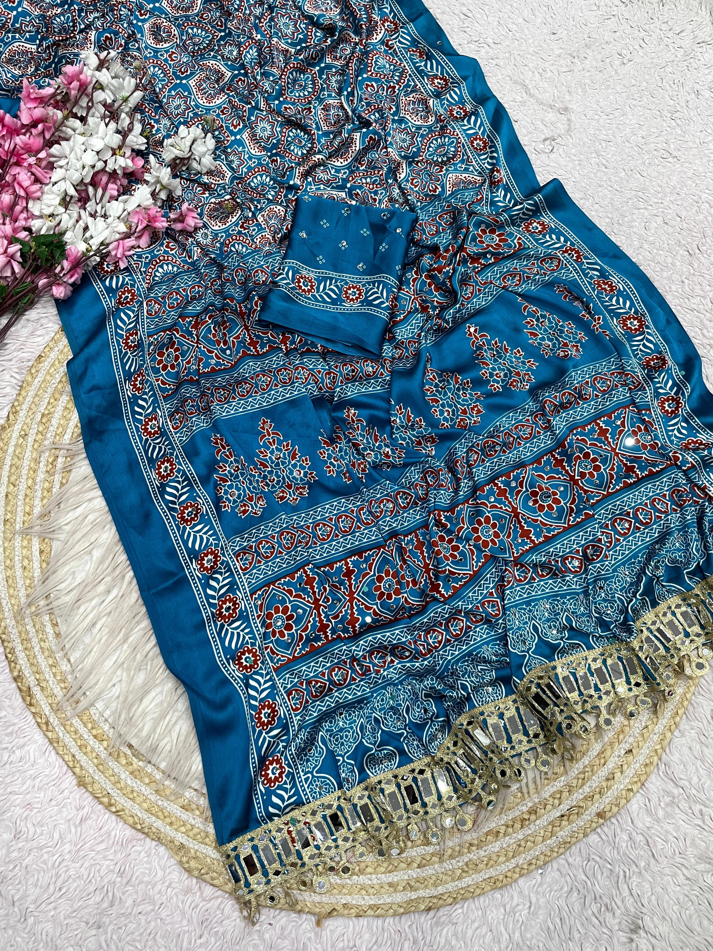 Ajrakh Mirror Work Saree, Mirror All Over
