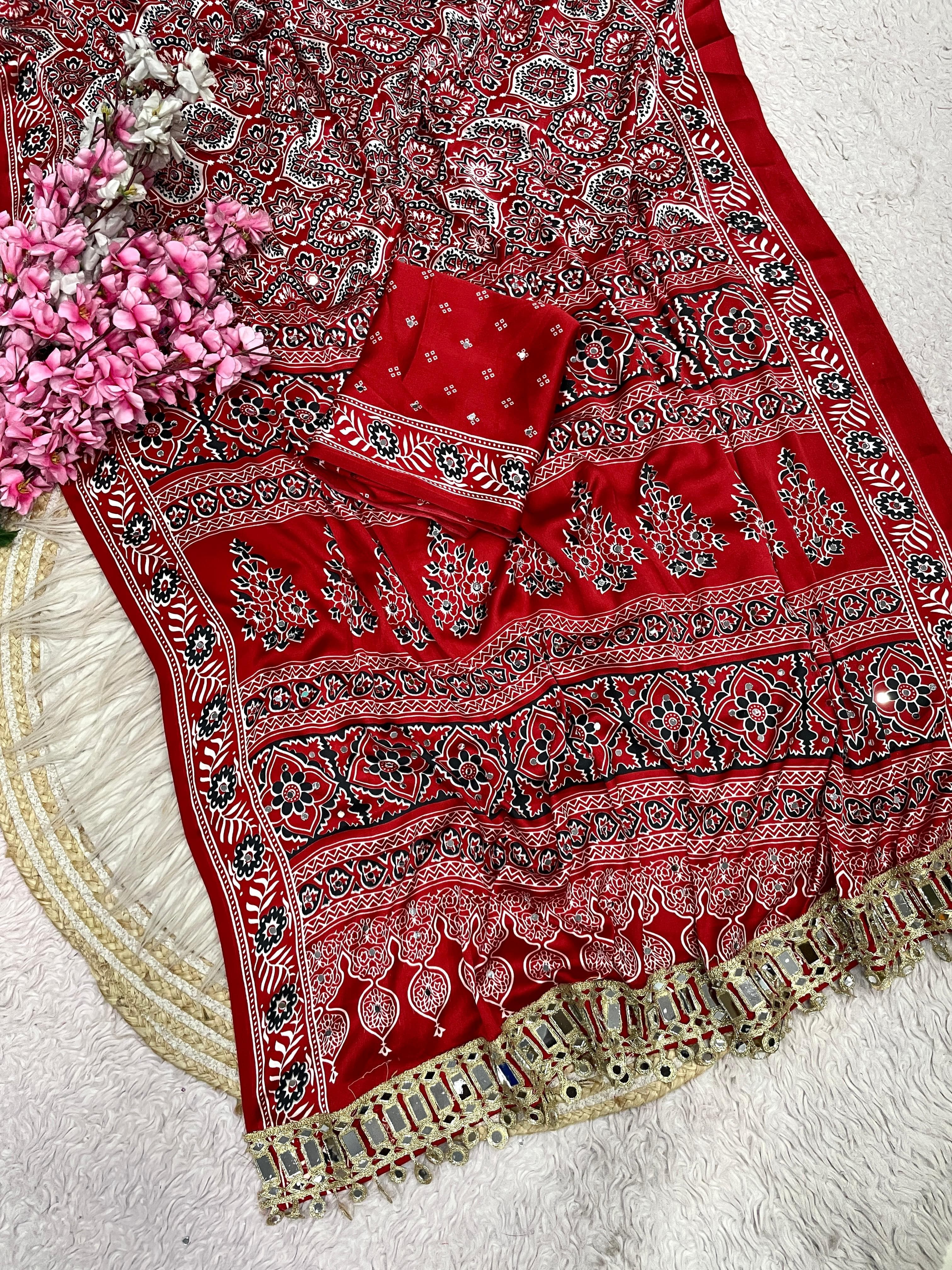Ajrakh Mirror Work Saree, Mirror All Over