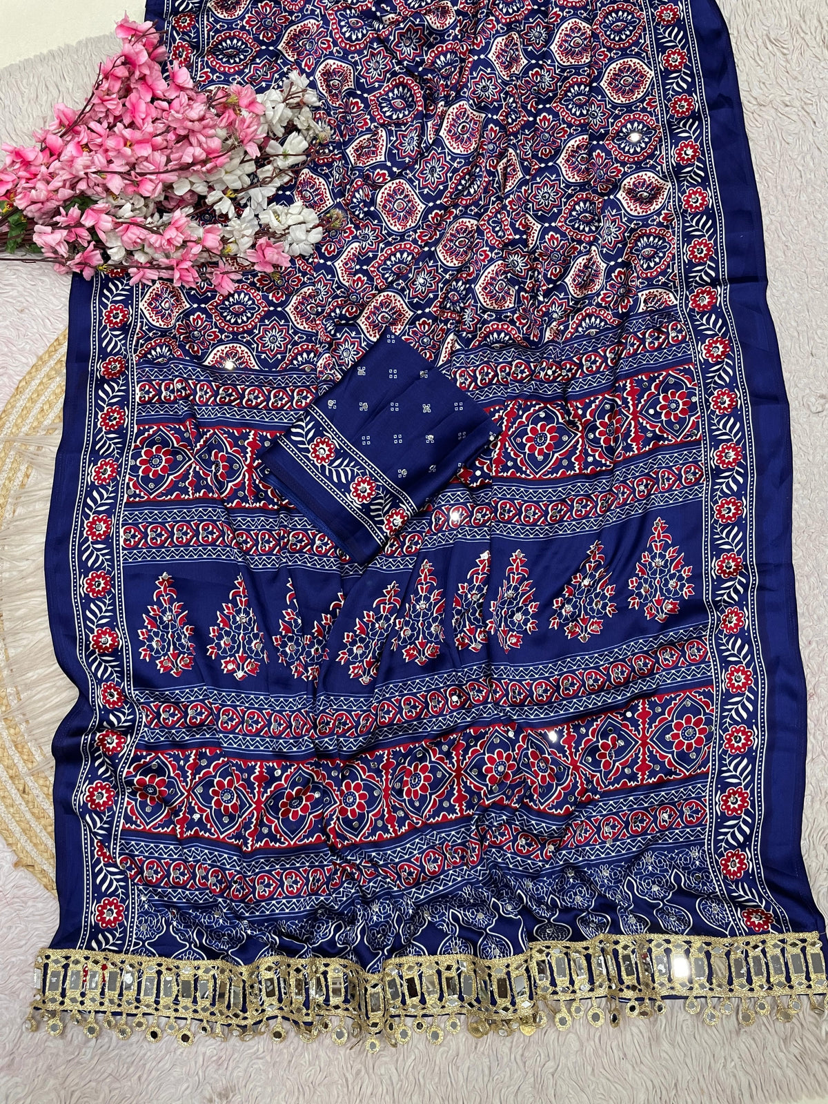 Ajrakh Mirror Work Saree, Mirror All Over