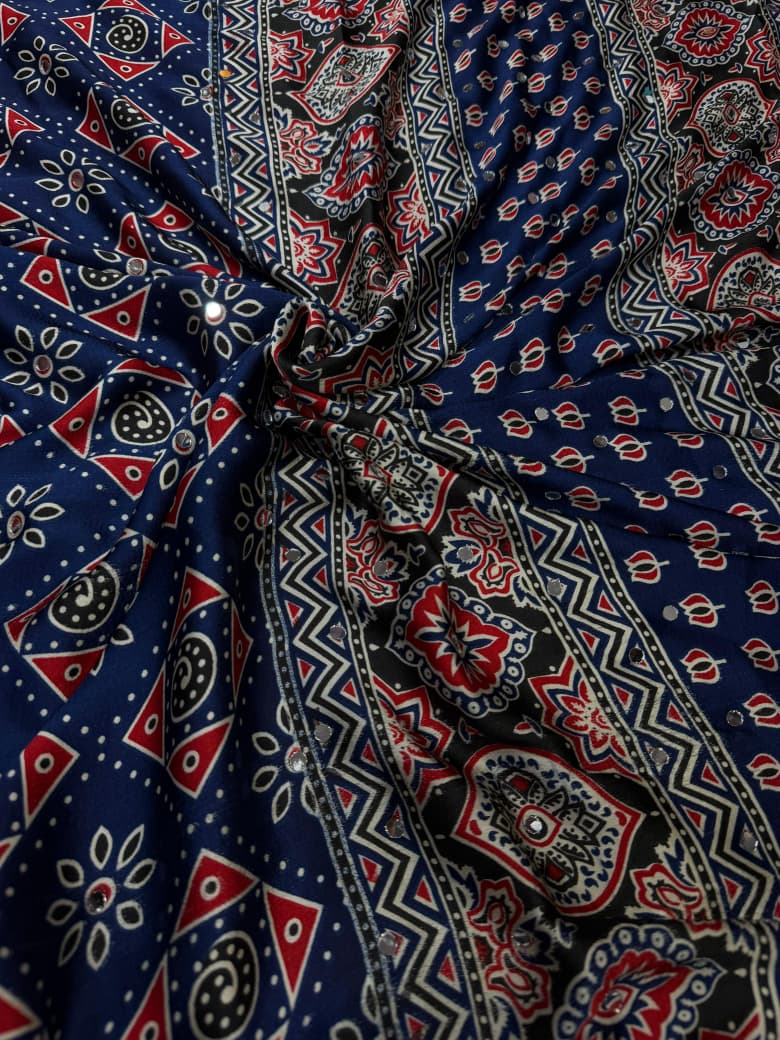 Ajrakh Mirror Work Saree, All Over Mirror