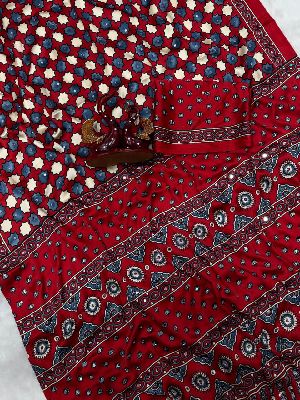Ajrakh Mirror Work Saree, All Over Mirror - Red