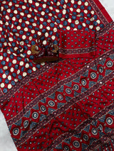 Ajrakh Mirror Work Saree, All Over Mirror - Red