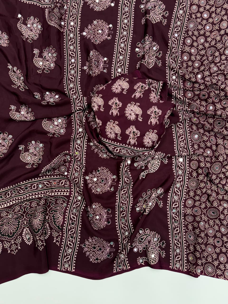 Ajrakh Mirror Saree with Mirror Patta