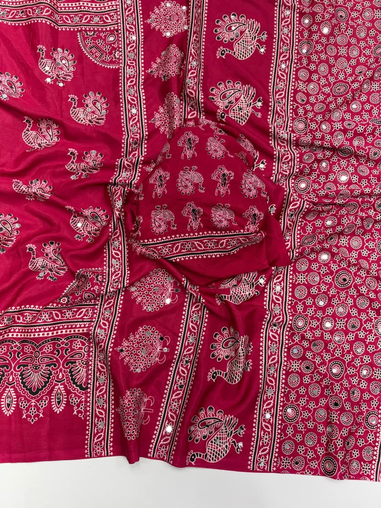 Ajrakh Mirror Saree with Mirror Patta