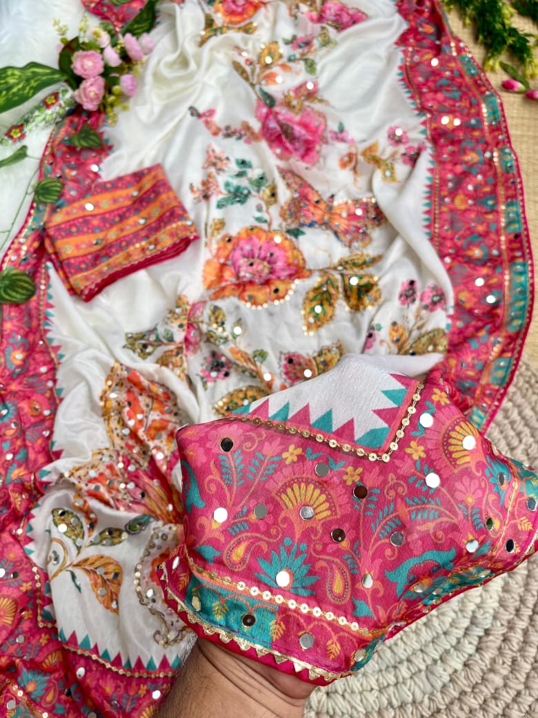 Ajrakh Mirror Chinnon Saree with Hand Work