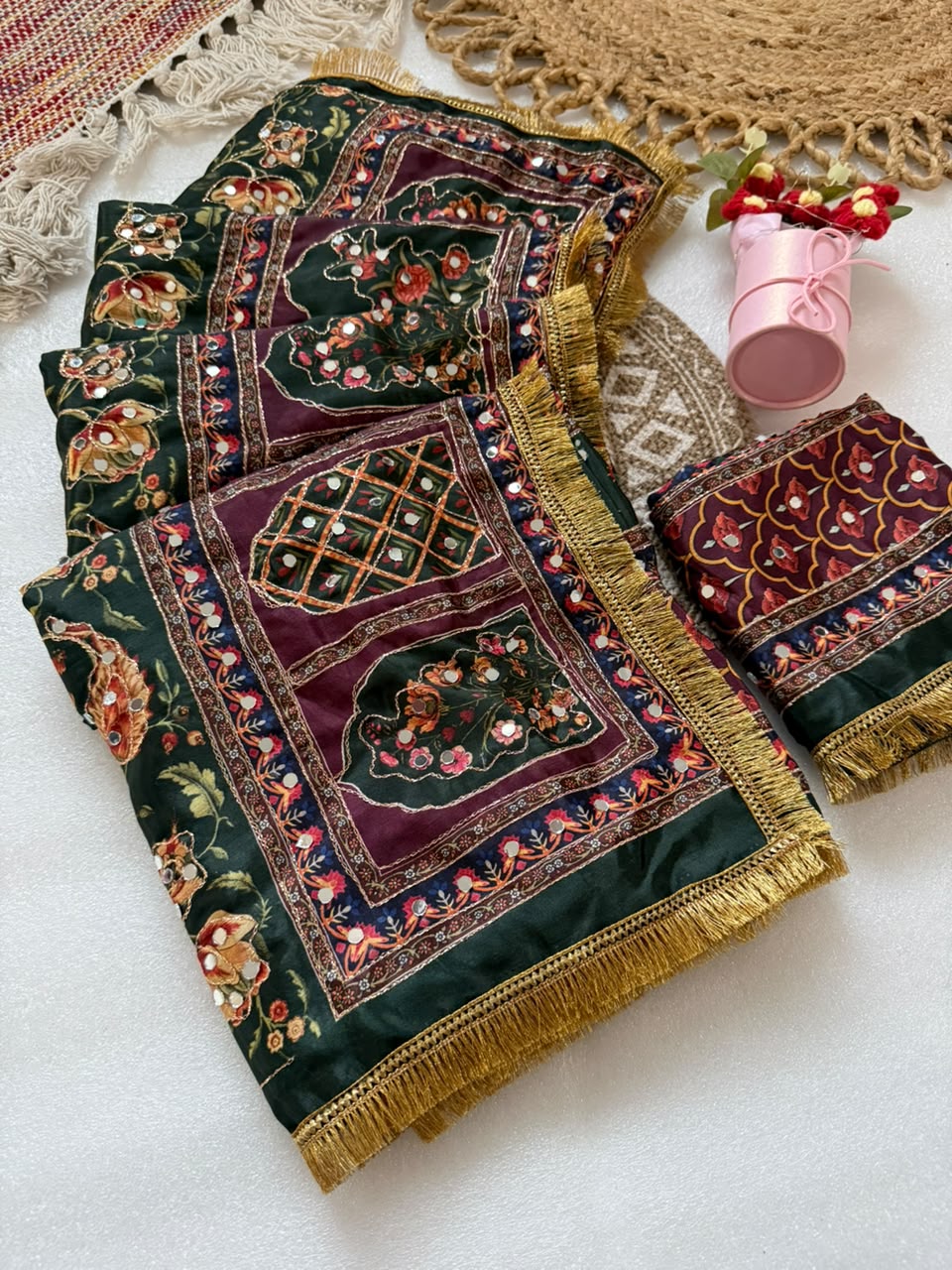 Ajrakh Mashmillow Priyamani Inspired Mirror Saree - Bottle Green