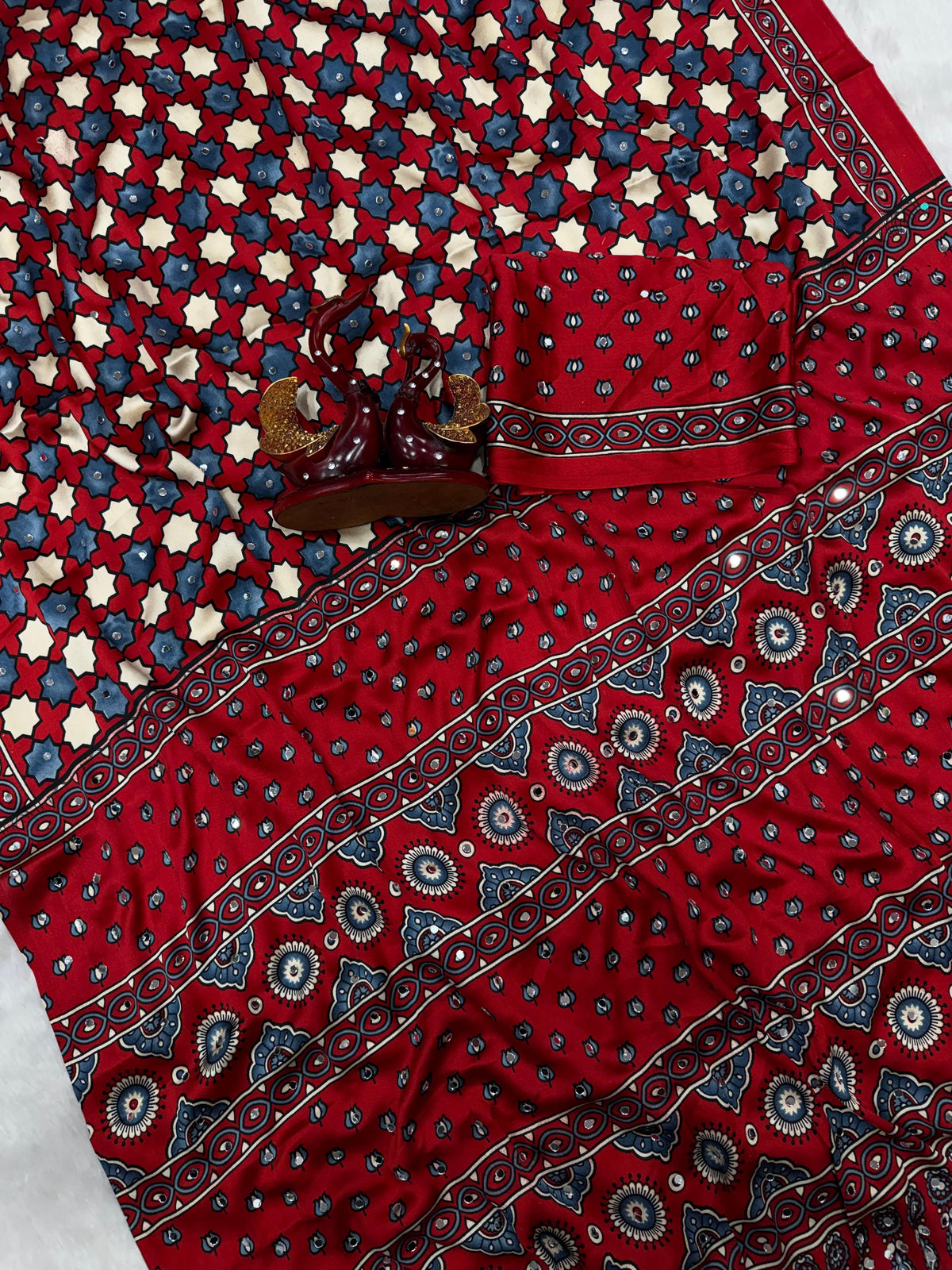 Ajrakh Mirror Work Saree, All Over Mirror