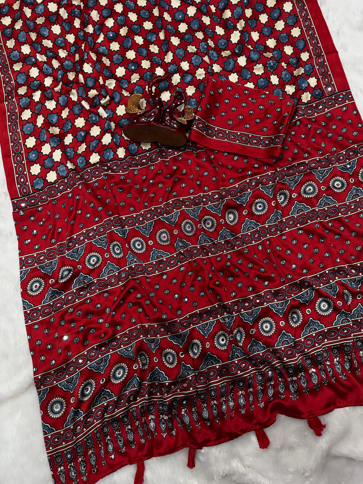 Ajrakh Mirror Work Saree, All Over Mirror