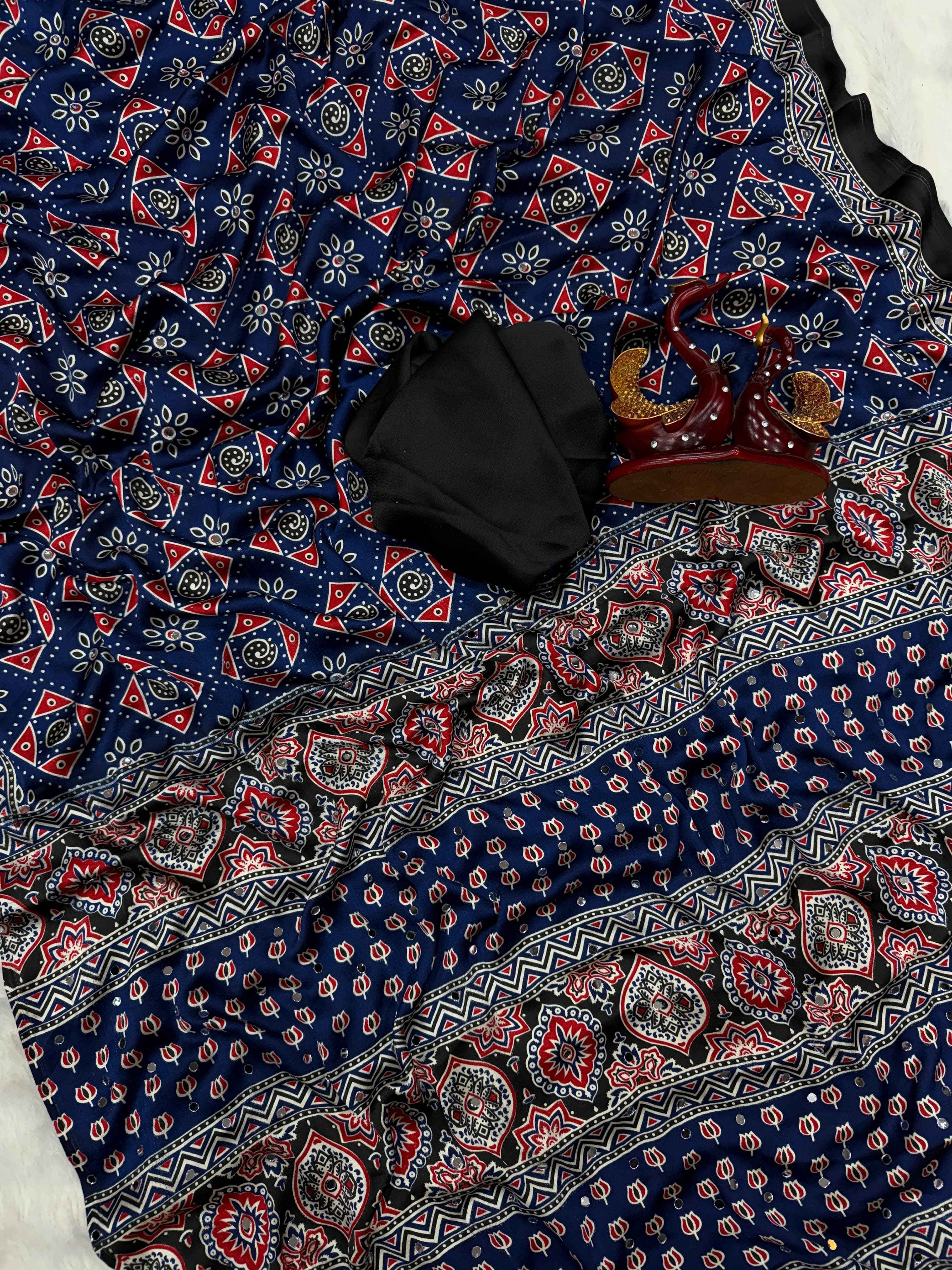 Ajrakh Mirror Work Saree, All Over Mirror