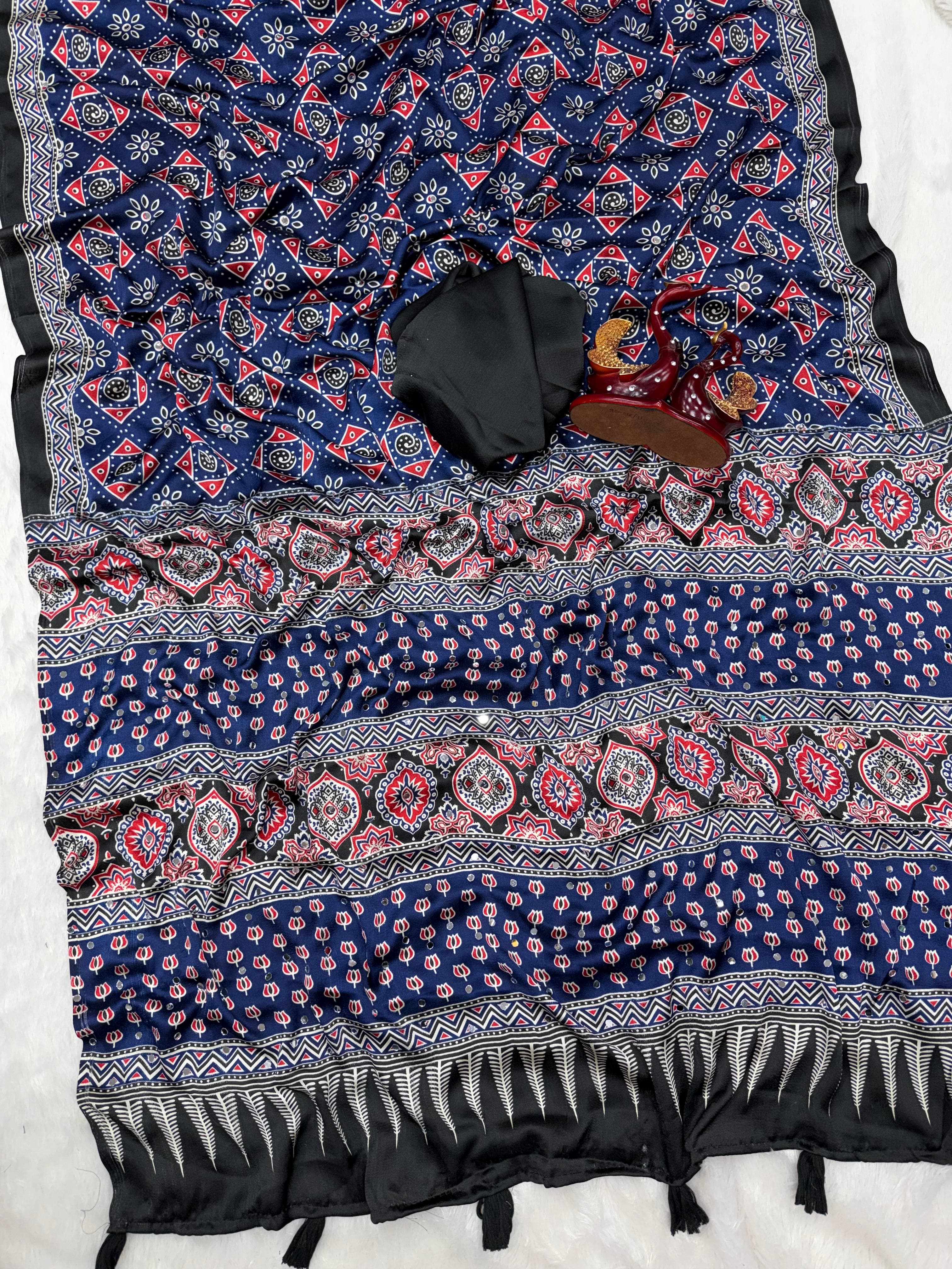 Ajrakh Mirror Work Saree, All Over Mirror
