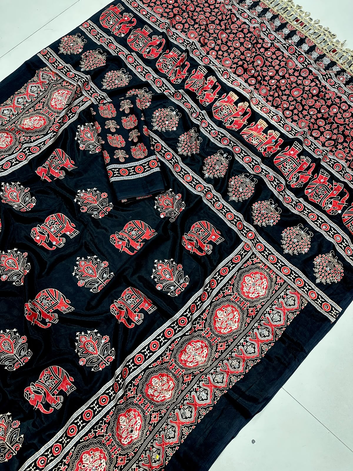 Ajrakh Mirror Saree with Elephant Theme Blouse