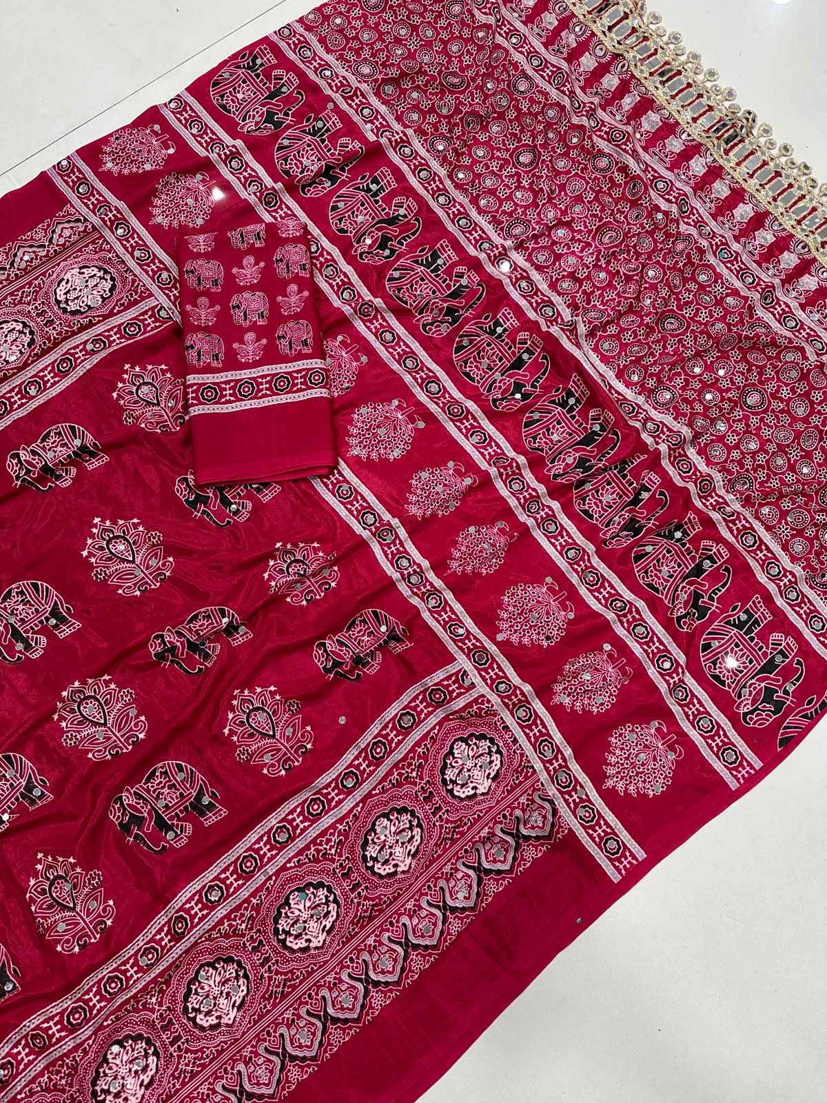 Ajrakh Mirror Saree with Elephant Theme Blouse