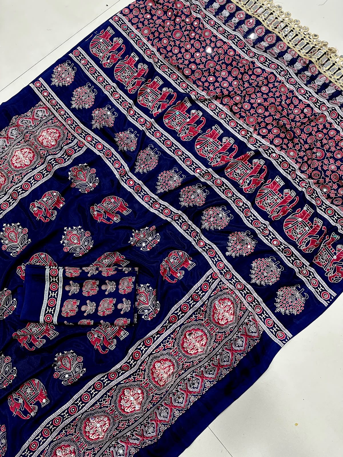 Ajrakh Mirror Saree with Elephant Theme Blouse