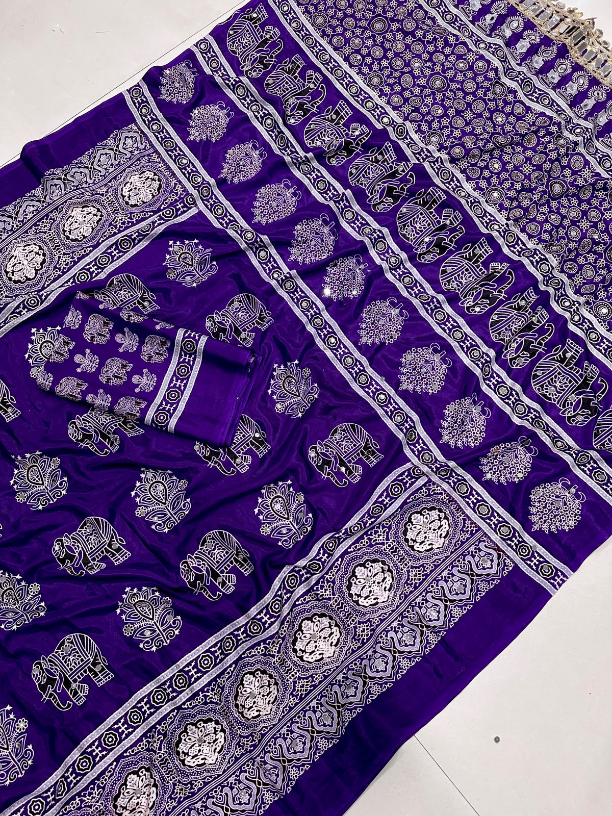 Ajrakh Mirror Saree with Elephant Theme Blouse