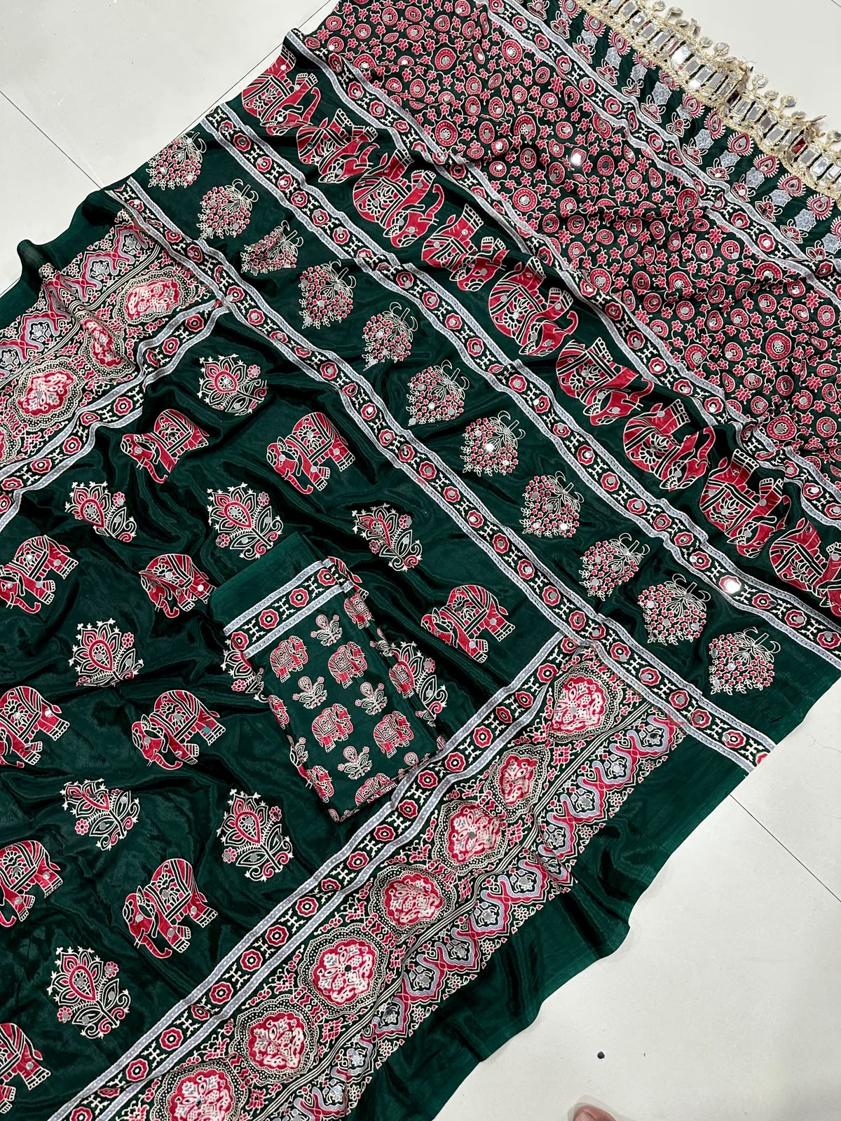 Ajrakh Mirror Saree with Elephant Theme Blouse