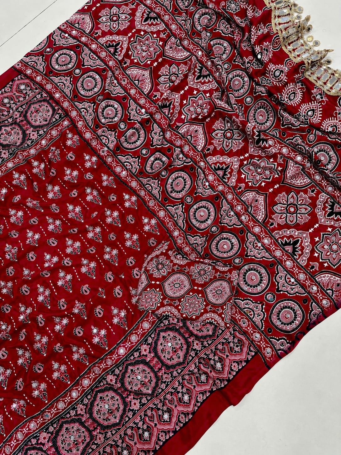 Ajrakh Mirror Saree with Real Mirror Work