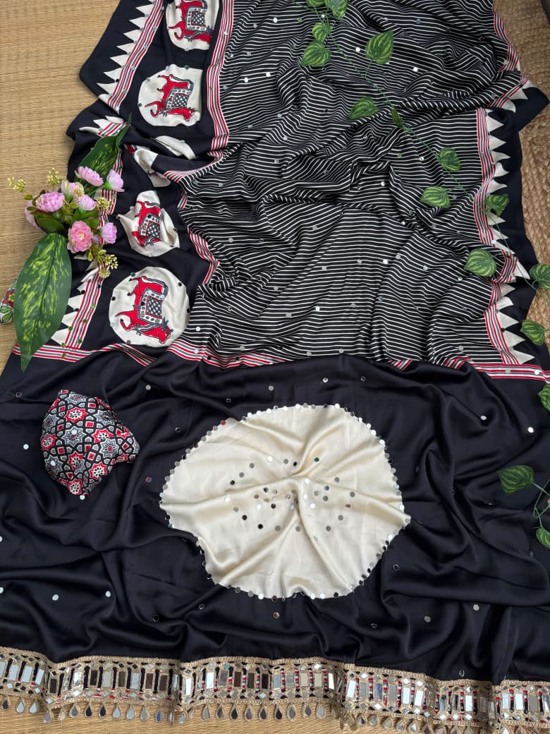Crepe Silk Mirror Work Saree with Mirror Patta Pallu