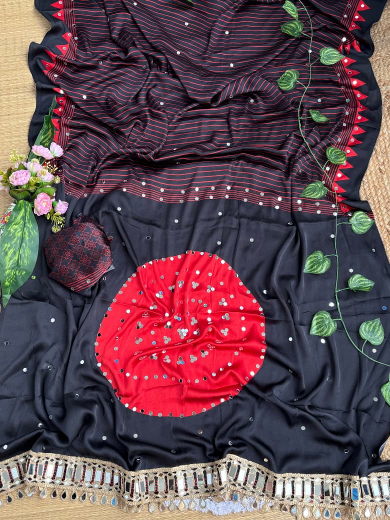 Crepe Silk Mirror Work Saree with Mirror Patta Pallu