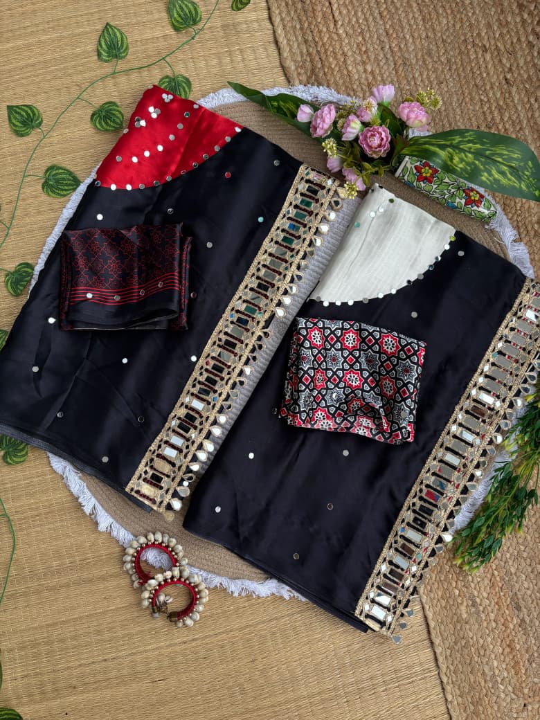 Crepe Silk Mirror Work Saree with Mirror Patta Pallu