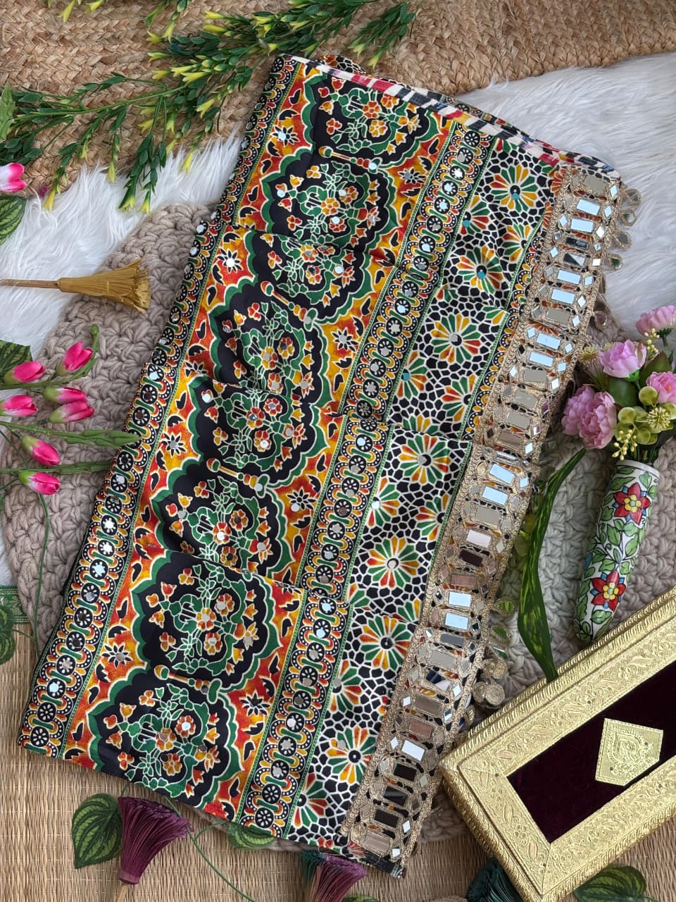 Ajrakh Mirror Work Saree, Mirror Patta Pallu