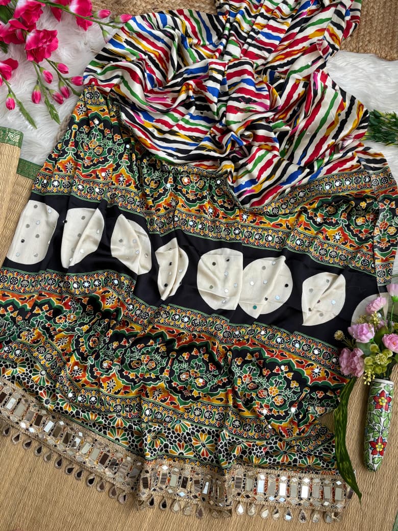 Ajrakh Mirror Work Saree, Mirror Patta Pallu