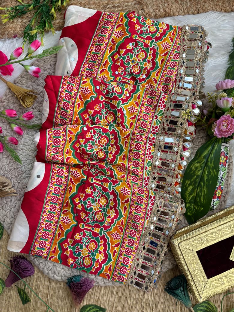 Ajrakh Mirror Work Saree, Mirror Patta Pallu