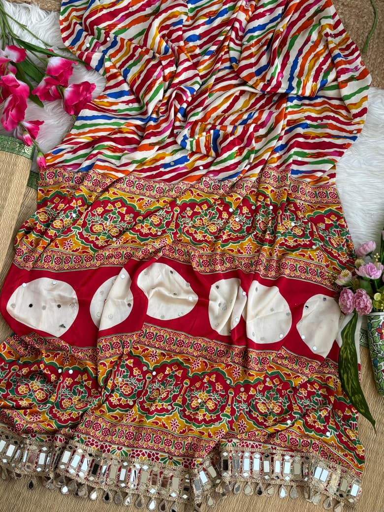 Ajrakh Mirror Work Saree, Mirror Patta Pallu